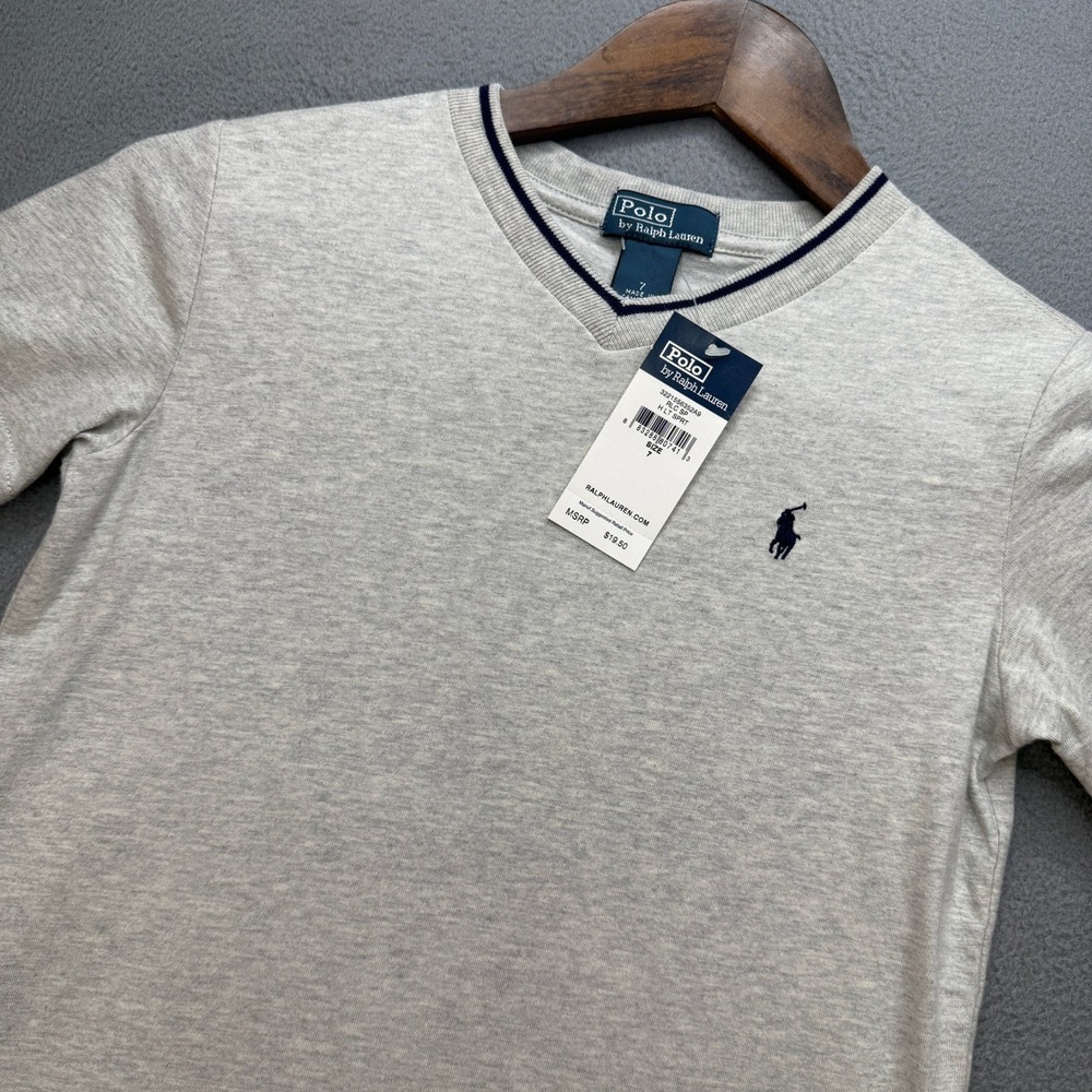 Polo Ralph Lauren V-Neck T-Shirt Boys 7 Gray Cotton Short Sleeve Preppy NWT